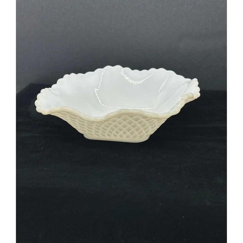Vintage White Milk Glass Scalloped Ruffled Bowl Lattice Diamond Quilted 6.5 Inch